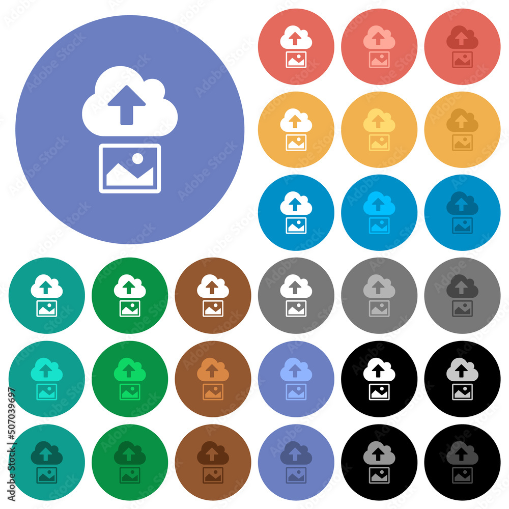 Poster upload image to cloud solid round flat multi colored icons