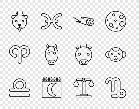 Set line Libra zodiac, Capricorn, Comet falling down fast, Moon phases calendar, Aries, Horse, and Monkey icon. Vector