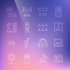 Set line Smart farming technology, Automatic irrigation sprinklers, with bulb and plant, Portable sensor, Flower status, and icon. Vector