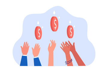 Diverse hands reaching for gold coins. People getting financial help or investment flat vector illustration. Finances, economy, wealth concept for banner, website design or landing web page