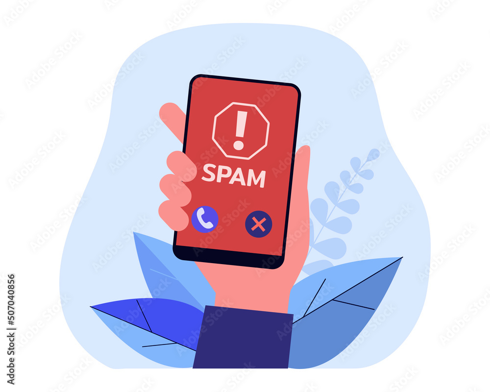 Poster hand holding smartphone with spam call warning on screen. dangerous call flat vector illustration. s