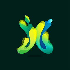 X letter eco logo made of green and blue splashes, pure water waves and dew drops with fresh leaves.