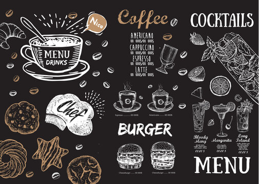 Restaurant menu, template design.. Food flyer. Hand-drawn style. Vector illustration.