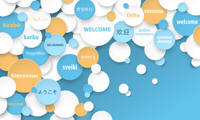 Colorful vector WELCOME concept with translation into multiple languages on blue background