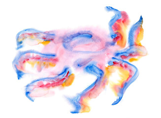 Abstract cartoon watercolor isolated image of a bright blue octopus with fiery scarlet tentacles. Stylized aerial animalistic pattern for peace of mind. Stylish silhouette of a mystical totem animal.