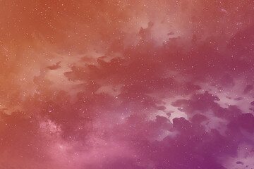 Soft pink and orange cloudy sky or nebula concept with small white stars.
