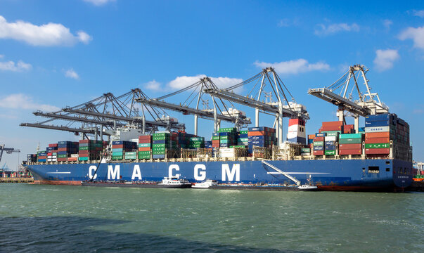 CMA CGM Container ship being loaded by gantry cranes in the ECT Shipping Terminal in the Port of Rotterdam.