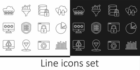 Set line Pie chart infographic, Server security with lock, shield, Monitor password, Password protection, Secure your site HTTPS, SSL and Sales funnel icon. Vector