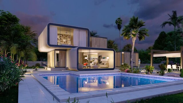 Luxury modular home with pool and garden at dusk