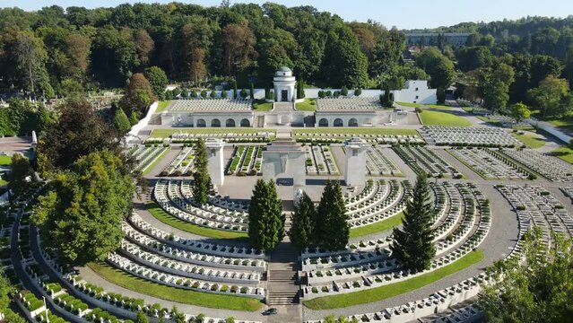 Aerial shot The city of Lviv. Lychakiv cemetery museum-reserve. Ukraine