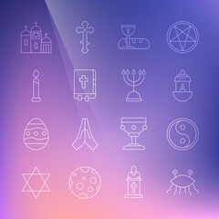 Set line Pastafarianism, Yin Yang, Ramadan Kareem lantern, First communion symbols, Holy bible book, Burning candle, Church building and Hanukkah menorah icon. Vector