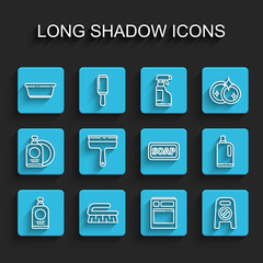 Set line Hand sanitizer bottle, Brush for cleaning, Plastic basin, Kitchen dishwasher machine, Wet floor progress, Rubber cleaner windows, Fabric softener and Bar soap icon. Vector