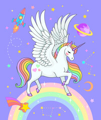 Magical pegasus on rainbow with saturn, stars, rocket and constellations. Vector fantasy illustration in pastel colors
