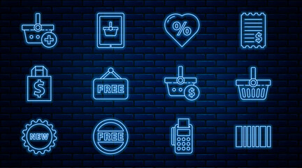Set line Barcode, Shopping basket, Discount percent tag heart, Price with text Free, Shoping bag and dollar, Add to, and on tablet icon. Vector