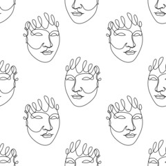 Seamless pattern with black one single line drawings of female faces. On white background.