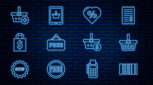 Set line Barcode, Shopping basket, Discount percent tag heart, Price with text Free, Shoping bag and dollar, Add to, and on tablet icon. Vector
