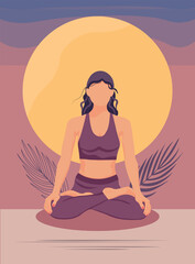 Yoga in the lotus position design in faceless style, woman meditating and sun