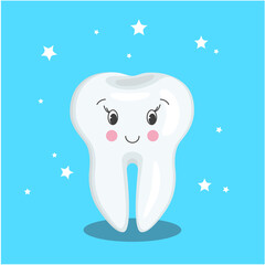 Cartoon character tooth. Vector flat illustration of healthy white tooth. Lucky tooth.
