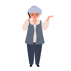 Obraz na płótnie Canvas Vector character illustration of elderly woman talking on smartphone. Grandmother using mobile phone. Family, mobile internet, social media, modern communication technology concept.