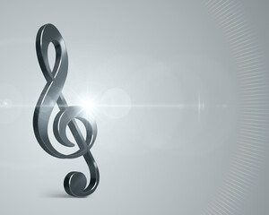 Musical 3d note vector. Melodic treble clef is symbol of steel gray color an element classical conservatory and modern music. Volume symphony design of art in creative songs and opera arias.