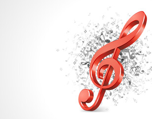 Obraz premium Red 3d treble clef on abstract music vector background. Fireworks made of colored notes is symbol classical conservatory and modern music. Symphony volume design of art in creative songs.