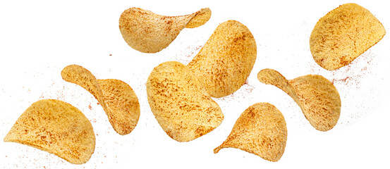Spicy potato chips isolated on white background 