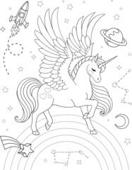 Beautiful pegasus on rainbow with stars, rocket and constellations. Vector outline for coloring page