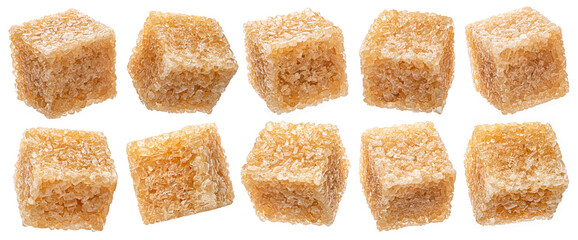 Cubes of cane sugar isolated on white background, full depth of field