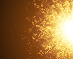 Sun rays from musical notes vector illustration. Bright yellow light with flying symbols creative music. Classical symphony of orchestra and modern rap style accompanied beautiful sound.