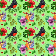 Obraz premium Watercolor pattern with tropical birds and plants . Green background.