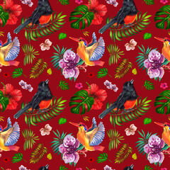 Watercolor pattern with tropical birds and plants . Red  background.