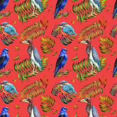 Obraz premium Watercolor pattern with tropical birds and plants . Red background.