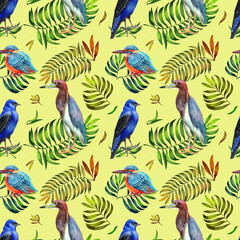 Watercolor pattern with tropical birds and Yellow background.
