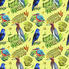 Obraz premium Watercolor pattern with tropical birds and Yellow background.