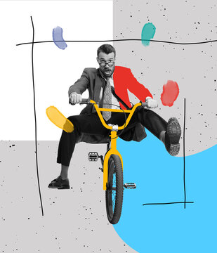 Bright contemporary art collage. Ideas, vintage, retro style, imagination. Excited man ridding kids bicycle on abstract background with drawings.