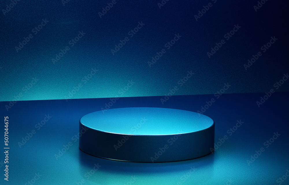 Poster empty round blue podium. 3d computer graphic template of displaying place for your products.