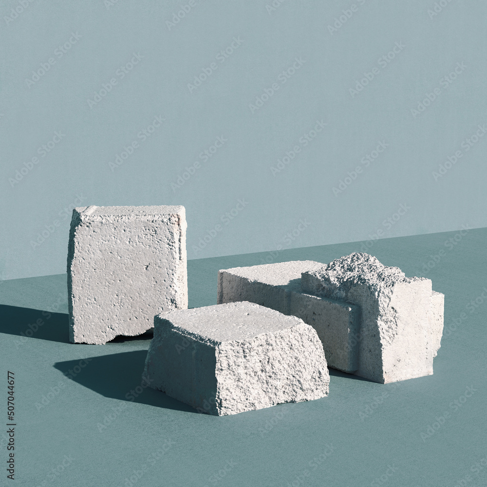 Poster broken stone to more flat pieces, can be used as pedestal. 3d computer graphic template of displayin