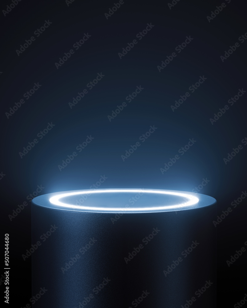 Poster dark blue empty pedestal with illuminated border and center. 3d computer graphic template of display