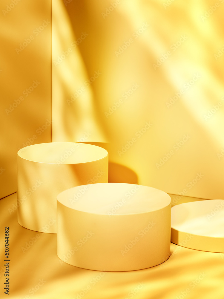 Poster group of empty round pedestals in corner, yellow colour theme. 3d computer graphic template of displ