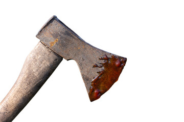 Old rusty axe with fake blood on the blade isolated on white background © Milos
