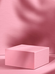 Pink cubic pedestal and partly screened background. 3d computer graphic template of displaying place for your products. Blank template.