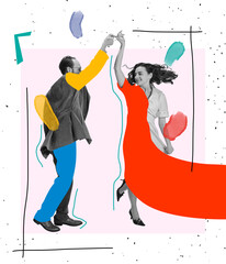 Bright contemporary art collage. Couple of dancers dressed in 70s, 80s fashion style dancing rock-and-roll, social dance on abstract background with drawings.