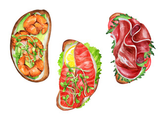 Set of different sandwiches. Watercolor illustration