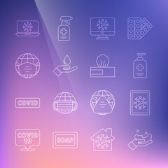 Set line Washing hands with soap, Virus statistics on monitor, Liquid antibacterial, Earth medical mask, laptop and Wet wipe pack icon. Vector