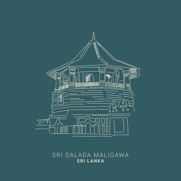 Sri Lanka - Dalada Maligawa, historical places, landmark , hand drawing, sketch art, line art Vector Illustration