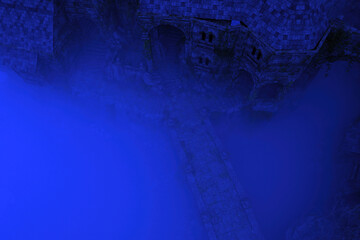 Bridge to ancient castle in mist at twilight. Aerial view. 3D render.