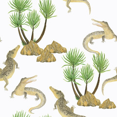 Watercolor painting seamless pattern with crocodiles and palm trees - 507045471