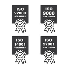 ISO 9001, 14001, 22000 and 27001 certified stamps collection - quality management system international standard emblems set. International Organization for Standardization.