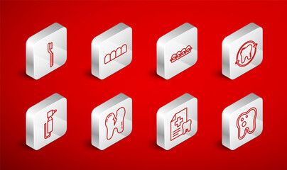 Set line Tooth with caries, Dentures model, Teeth braces, whitening, Dental card, Toothbrush, Broken tooth and drill icon. Vector