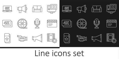 Set line Play Video, Movie clapper, Cinema chair, Film reel, 4k Ultra HD, Laptop with 8k, Microphone and Megaphone icon. Vector